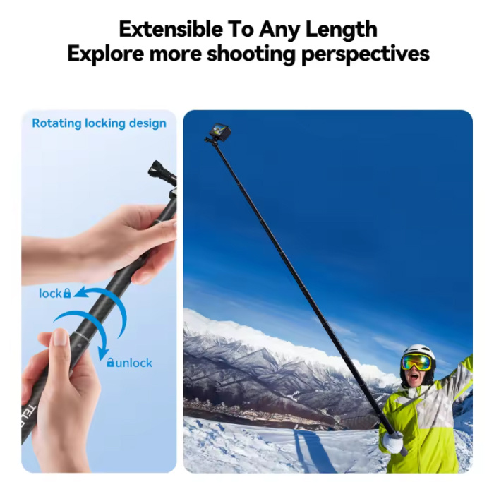 TELESIN Koolstofvezel Selfie Stick 3 Meter - Intrekbare Vlog Statief Monopod Selfiestick - Zwart