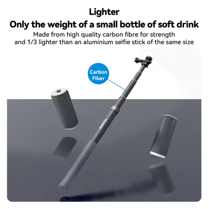 TELESIN Koolstofvezel Selfie Stick 3 Meter - Intrekbare Vlog Statief Monopod Selfiestick - Zwart