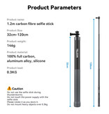 TELESIN Palo selfie de fibra de carbono de 1,2 metros - Trípode y monopié retráctil para vlogs - Negro