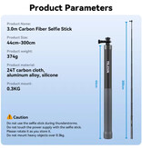 TELESIN Koolstofvezel Selfie Stick 3 Meter - Intrekbare Vlog Statief Monopod Selfiestick - Zwart