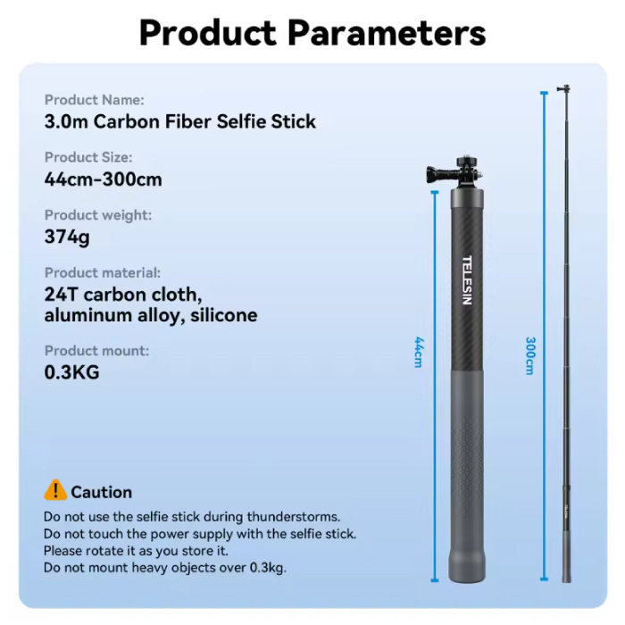 TELESIN Koolstofvezel Selfie Stick 3 Meter - Intrekbare Vlog Statief Monopod Selfiestick - Zwart