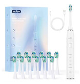 Sejoy Cepillo de dientes eléctrico sónico - 12 cabezales - Resistente al agua IPX7, carga USB, 5 modos - Blanco
