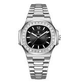 Poedagar Orologio al quarzo quadrato di lusso - Orologio da uomo luminoso impermeabile 3 ATM in acciaio inossidabile - Argento nero