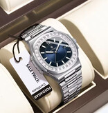 Poedagar Orologio al quarzo quadrato di lusso - Orologio da uomo luminoso impermeabile 3 ATM in acciaio inossidabile - Argento bianco