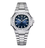 Poedagar Reloj de cuarzo cuadrado de lujo para hombre, luminoso, resistente al agua hasta 3 ATM, de acero inoxidable, color azul plateado.