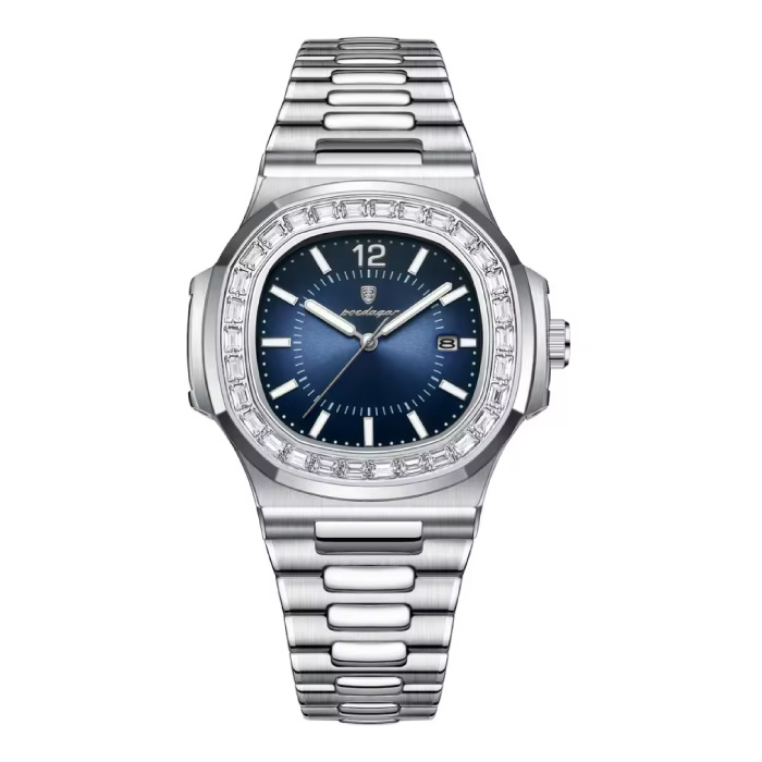 Luxe Vierkant Kwarts Horloge - 3 ATM Waterdicht Lichtgevend Herenhorloge Roestvrij Staal - Zilver Blauw