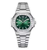 Poedagar Orologio al quarzo quadrato di lusso - Orologio da uomo luminoso impermeabile 3 ATM in acciaio inossidabile - Argento verde