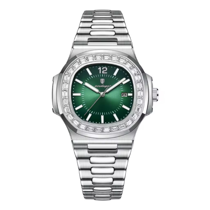 Luxury Square Quartz Watch - 3 ATM Waterproof Luminous Men's Watch Stainless Steel - Silver Green