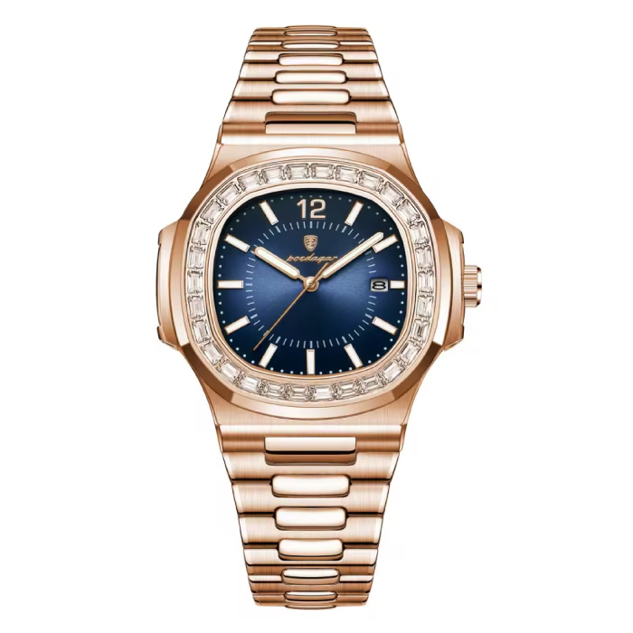 Luxury Square Quartz Watch - 3 ATM Waterproof Luminous Men's Watch Stainless Steel - Rose Gold Blue