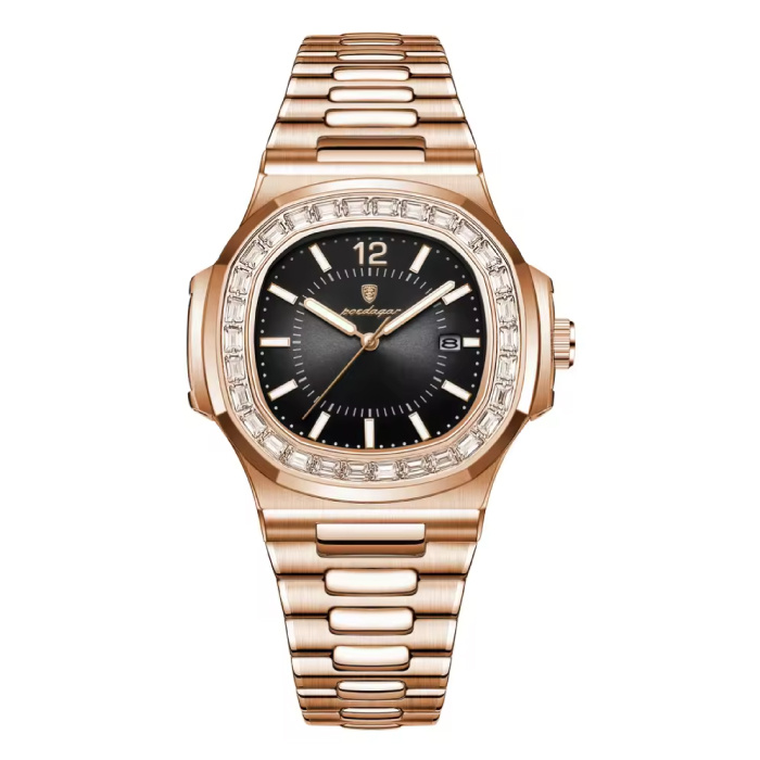 Luxury Square Quartz Watch - 3 ATM Waterproof Luminous Men's Watch Stainless Steel - Rose Gold Black