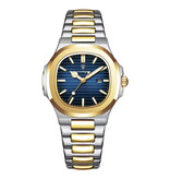 Poedagar Luxury Square Quartz Watch - 3 ATM Waterproof Luminous Men Women Unisex Stainless Steel - Gold Blue