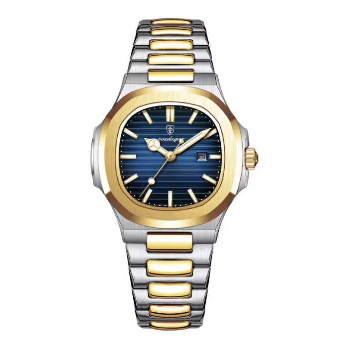 Luxury Square Quartz Watch - 3 ATM Waterproof Luminous Men Women Unisex Stainless Steel - Gold Blue