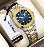 Poedagar Montre à quartz carrée de luxe – Étanche jusqu'à 3 ATM – Lumineuse – Unisexe – Acier inoxydable – Or et bleu