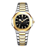Poedagar Luxury Square Quartz Watch - 3 ATM Waterproof Luminous Men Women Unisex Stainless Steel - Gold Black