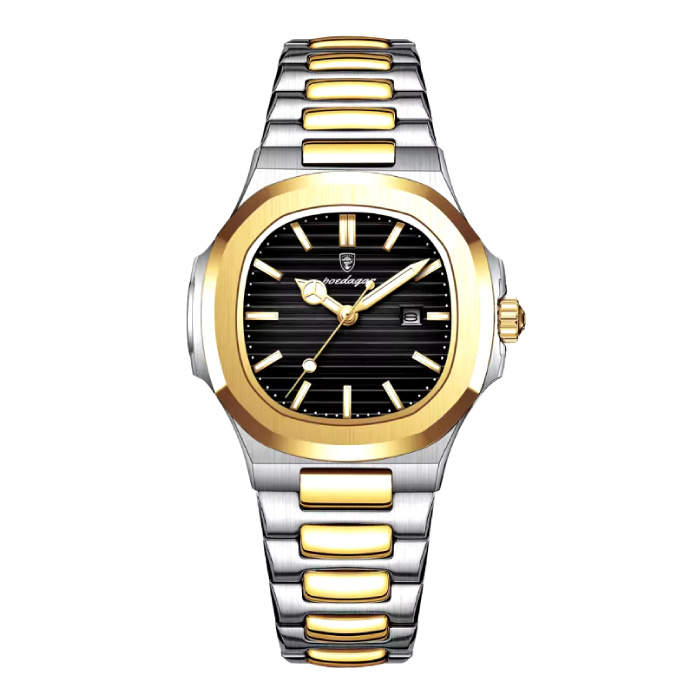 Poedagar Luxury Square Quartz Watch - 3 ATM Waterproof Luminous Men Women Unisex Stainless Steel - Gold Black