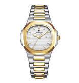 Poedagar Luxury Square Quartz Watch - 3 ATM Waterproof Luminous Men Women Unisex Stainless Steel - Gold White