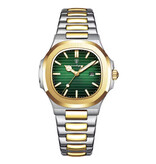 Poedagar Luxury Square Quartz Watch - 3 ATM Waterproof Luminous Men Women Unisex Stainless Steel - Gold Green