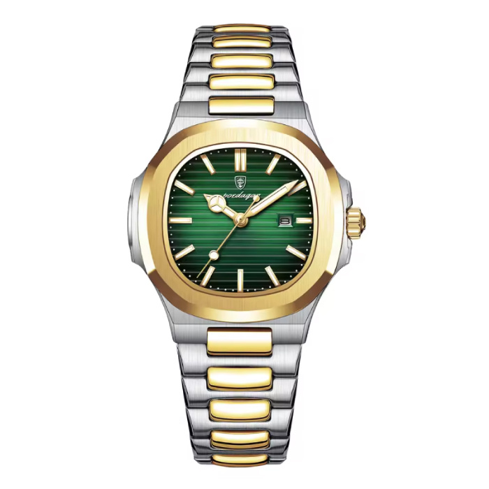 Luxury Square Quartz Watch - 3 ATM Waterproof Luminous Men Women Unisex Stainless Steel - Gold Green