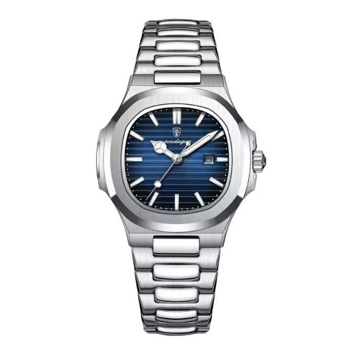 Luxury Square Quartz Watch - 3 ATM Waterproof Luminous Men Women Unisex Stainless Steel - Silver Blue