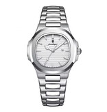 Poedagar Luxury Square Quartz Watch - 3 ATM Waterproof Luminous Men Women Unisex Stainless Steel - Silver White