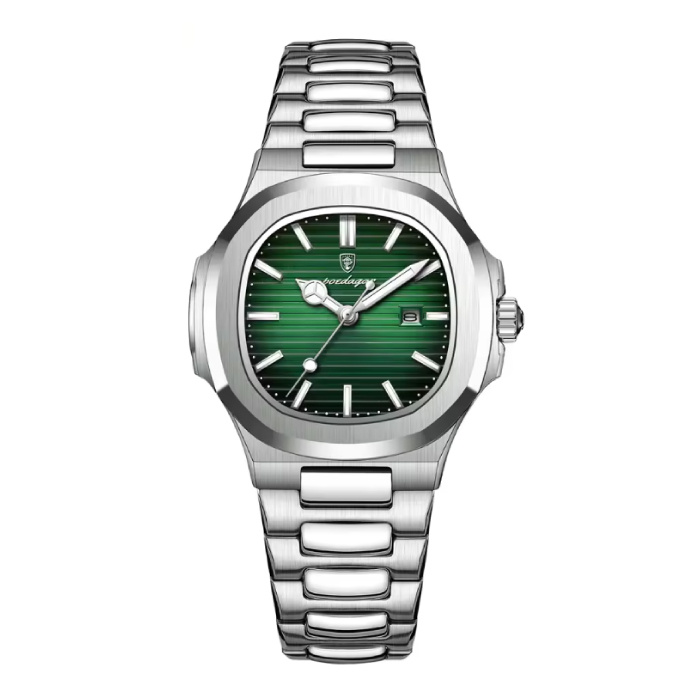 Luxury Square Quartz Watch - 3 ATM Waterproof Luminous Men Women Unisex Stainless Steel - Silver Green