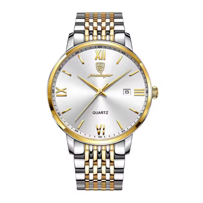 Montre de sport à quartz de luxe pour homme, étanche jusqu'à 3 bars, lumineuse, en acier inoxydable, or et blanc