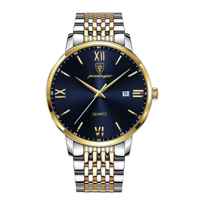 Poedagar Reloj deportivo de cuarzo de lujo para hombre, resistente al agua, luminoso, de 3 barras, de acero inoxidable, dorado y azul.