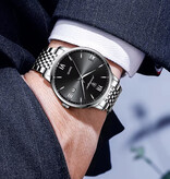 Poedagar Luxury Sports Quartz Watch - 3 Bar Waterproof Luminous Men's Watch Stainless Steel - Silver Black