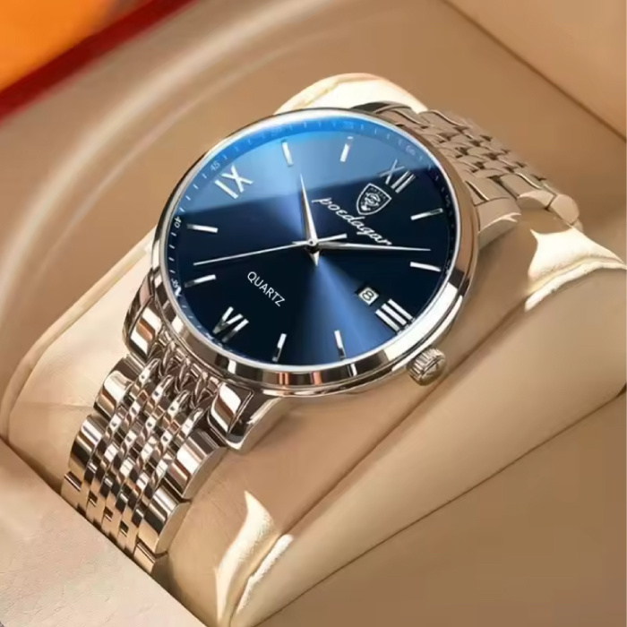 Poedagar Reloj deportivo de cuarzo de lujo para hombre, resistente al agua, luminoso, de 3 barras, de acero inoxidable, color azul plateado.