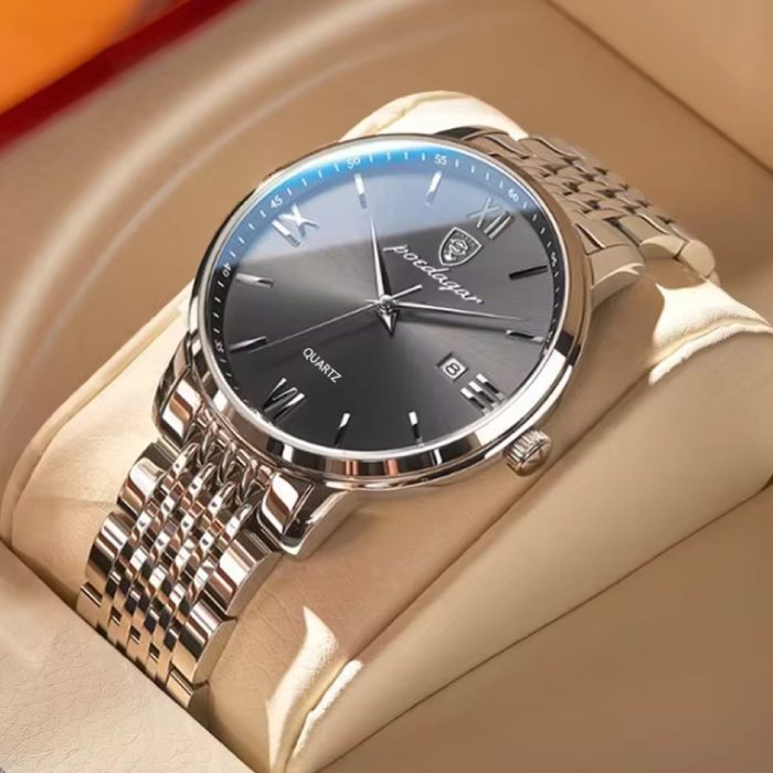 Poedagar Luxus Sport Quarzuhr - 3 Bar Wasserdicht Leuchtend Herrenuhr Edelstahl - Silbergrau