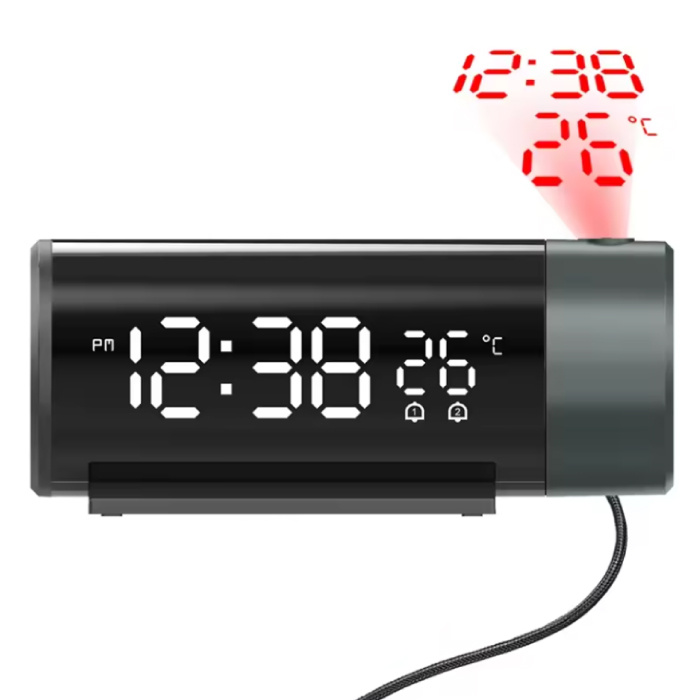 Digital Alarm Clock with Projection - Alarm Clock Temperature LED Rotation Projection - Black