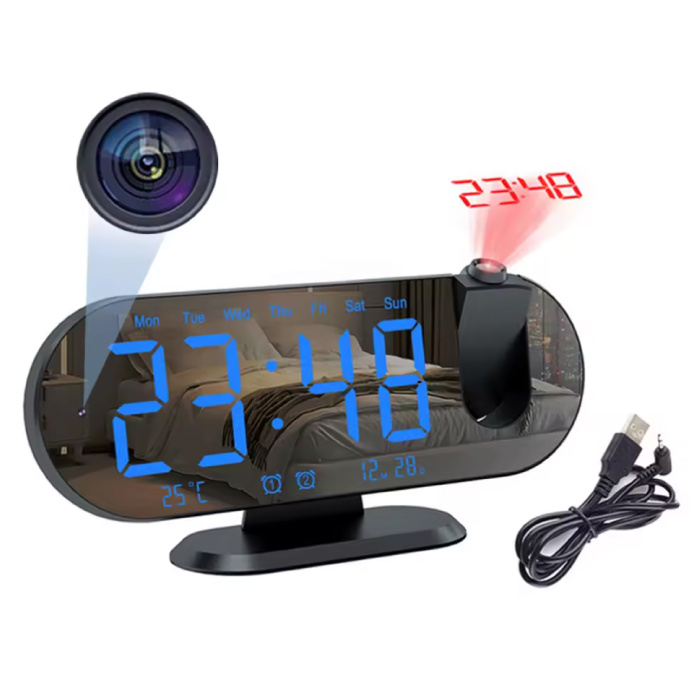 Virwir Camera Alarm Clock - 1080p WiFi Clock with Laser Projection - Smart Home Security Night Vision Motion Detection - Black