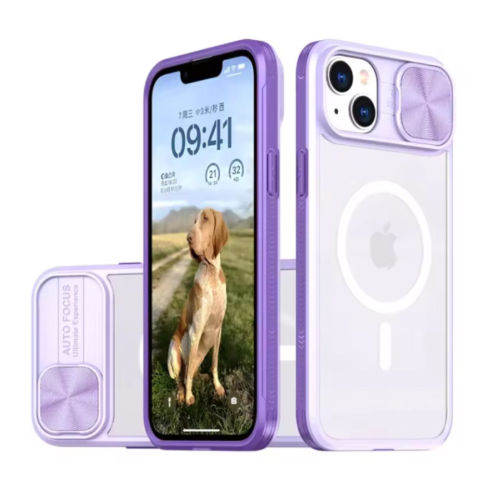 Stuff Certified® Etui z ładowaniem bezprzewodowym do iPhone'a 14 Plus - z przesuwaną kamerą - Bumper Cover do Magsafe - fioletowy