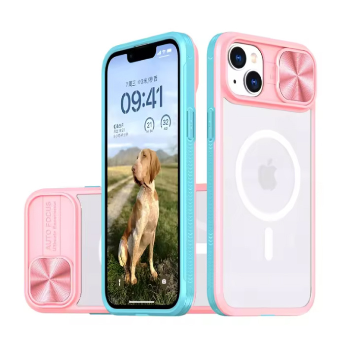 Stuff Certified® Étui de chargement sans fil pour iPhone 15 - avec glissière pour appareil photo - Protection antichoc pour Magsafe - Bleu/Rose