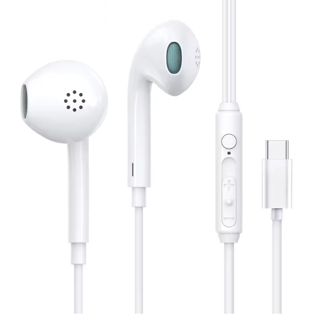 Auriculares F20 con micrófono y controles - Auriculares USB tipo C con cable y control de volumen - Blancos