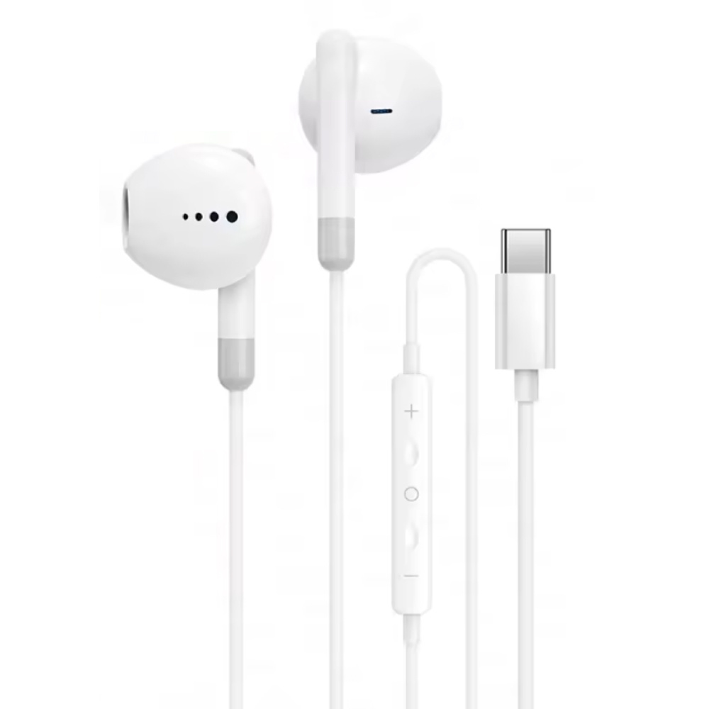Earbuds for USB Type C - with Microphone and Controls - Earphones Volume Control Wired Earphone - White
