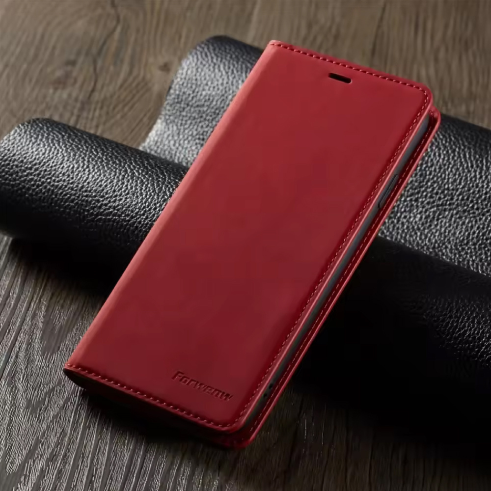 Funda tipo cartera para iPhone 15 - Funda de piel sintética tipo cartera - Color rojo