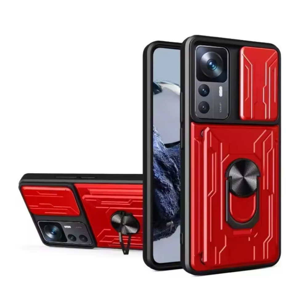 WENBIN Xiaomi 14T Pro - Étui avec fente pour carte, béquille et glissière pour appareil photo - Pop Grip Cover - Rouge