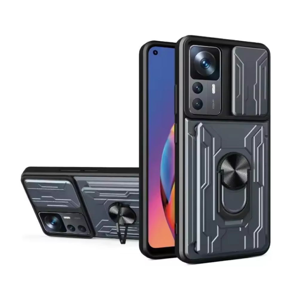 WENBIN Xiaomi 14T Pro - Hülle mit Kartensteckplätzen, Ständer und Kamera-Folie - Pop-Grip-Abdeckung - Grau