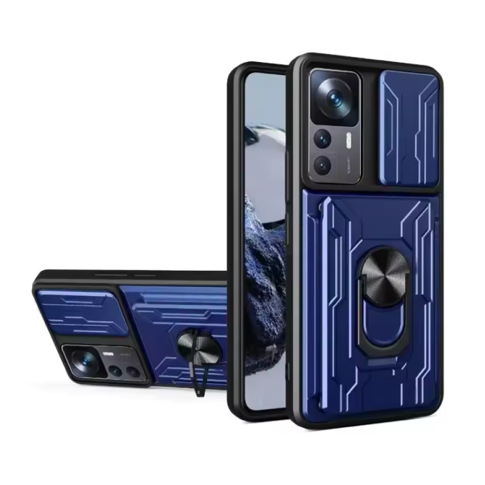 WENBIN Xiaomi 14T Pro - Étui avec fentes pour cartes, béquille et glissière pour appareil photo - Pop Grip Cover - Bleu