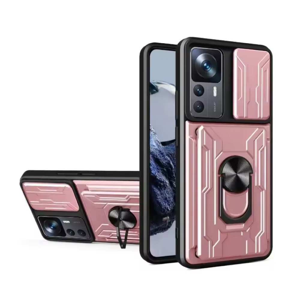 WENBIN Xiaomi 14T Pro - Étui avec fentes pour cartes, béquille et glissière pour appareil photo - Pop Grip Cover - Rose