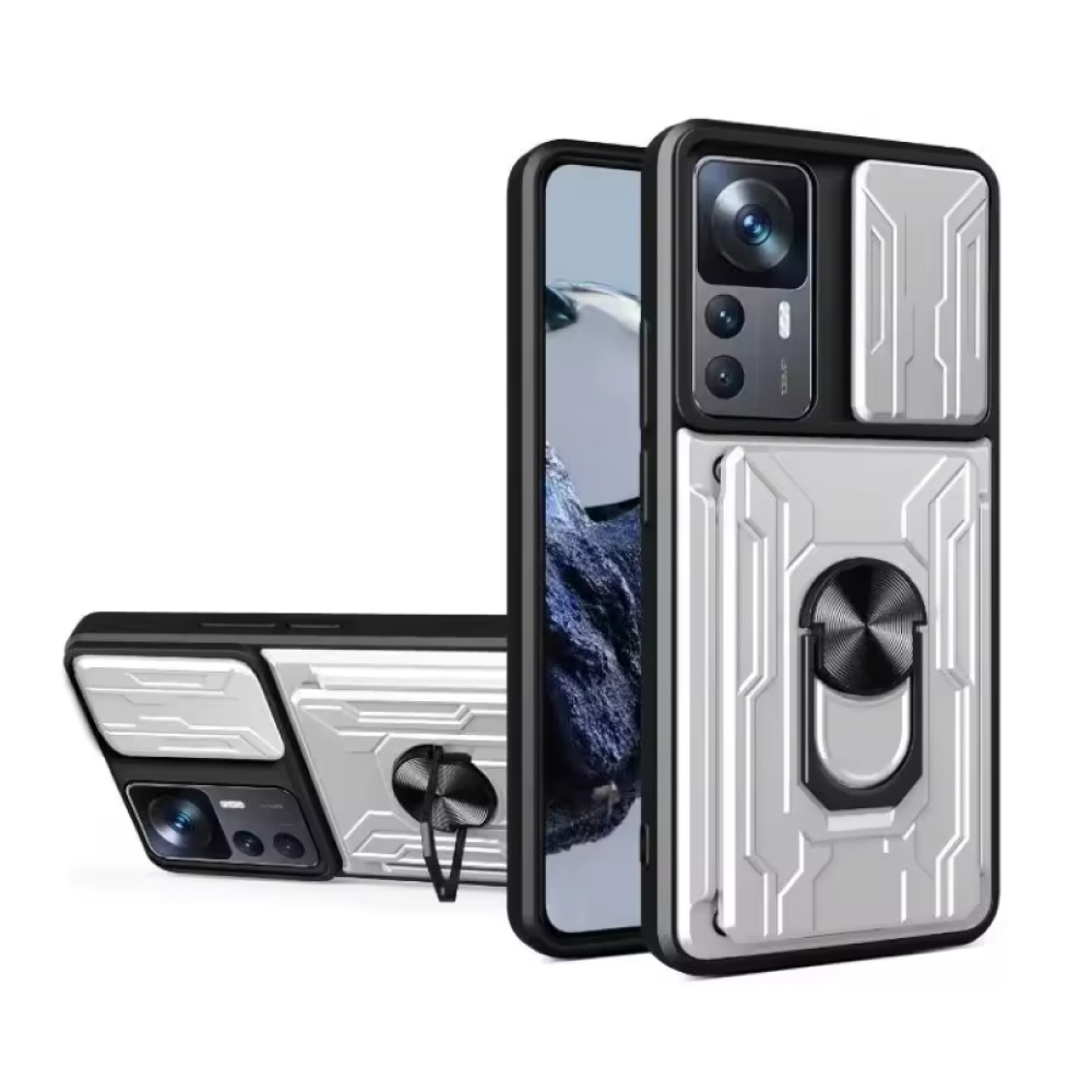 WENBIN Xiaomi 14T Pro - Étui avec fentes pour cartes, béquille et glissière pour appareil photo - Pop Grip Cover - Blanc
