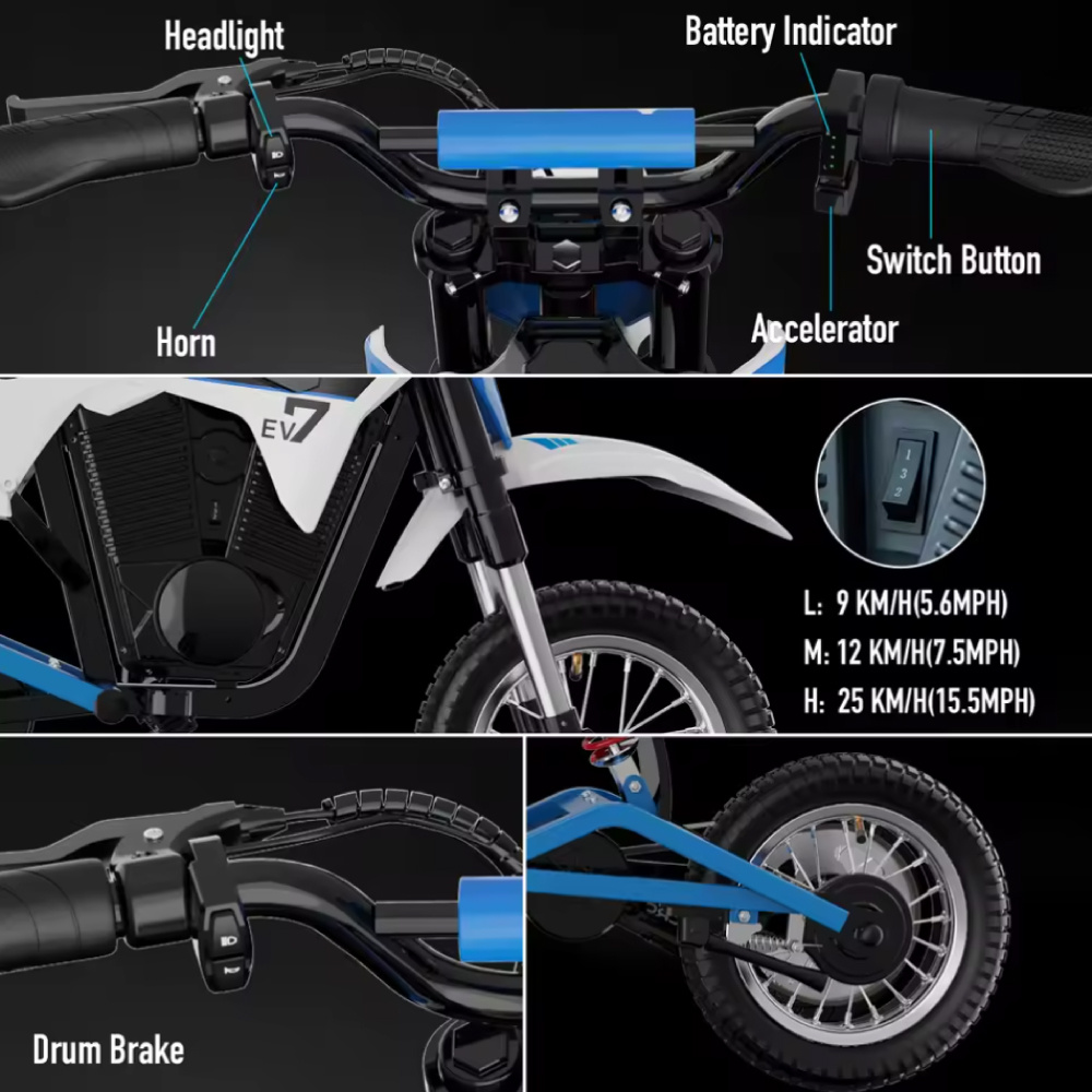 Evercross Tech Motocicleta eléctrica EV12M Pro - Patinete para niños - Ruedas de 12" - Azul