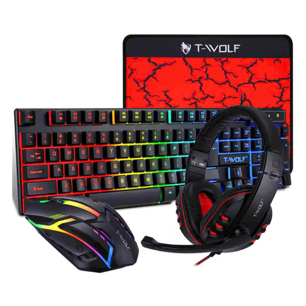 T-WOLF Teclado para juegos 4 en 1, auriculares, ratón y alfombrilla de ratón - RGB - QWERTY