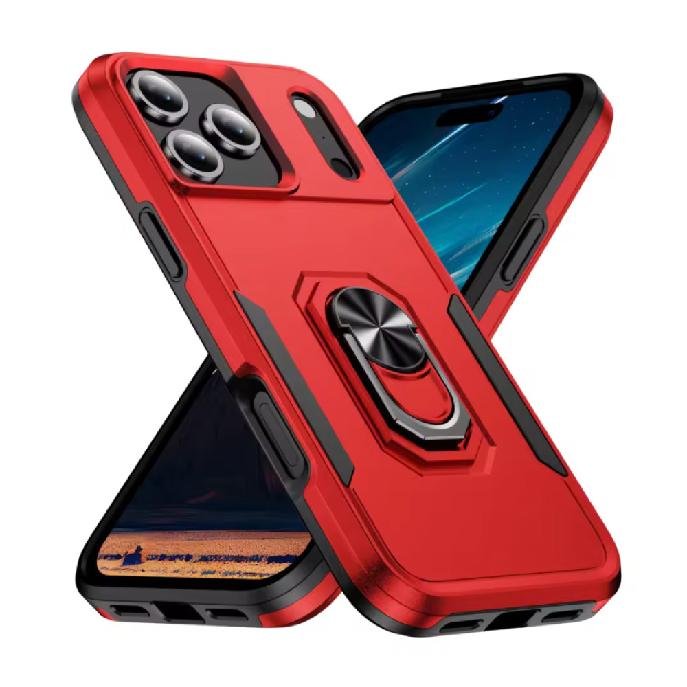 Stuff Certified® iPhone 16 - Militärische stoßfeste Hülle mit Ständer - Grip Socket Magnetische Schutzhülle - Rot Schwarz