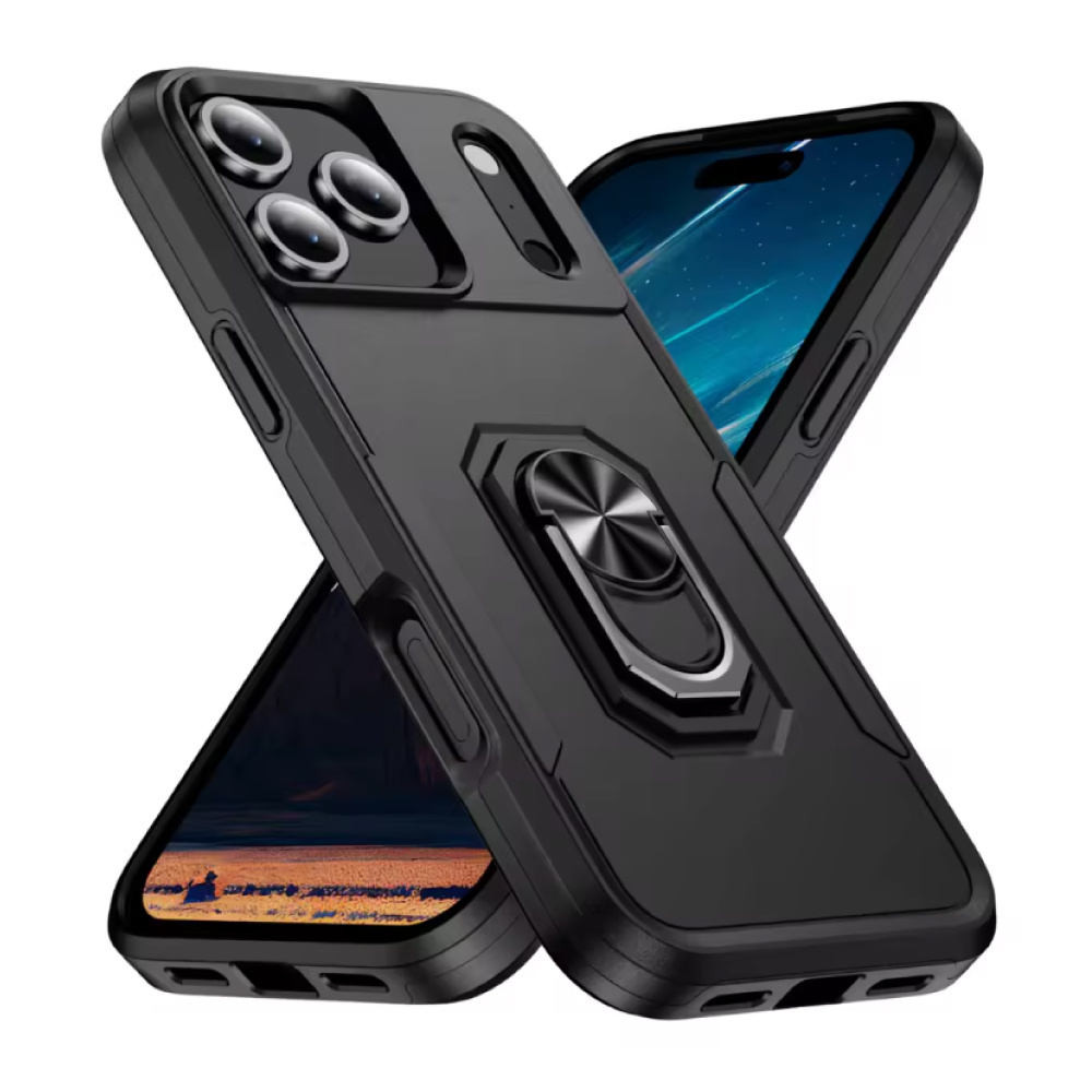 Stuff Certified® iPhone 16 - Militärische stoßfeste Hülle mit Ständer - Grip Socket Magnetische Schutzhülle - Schwarz
