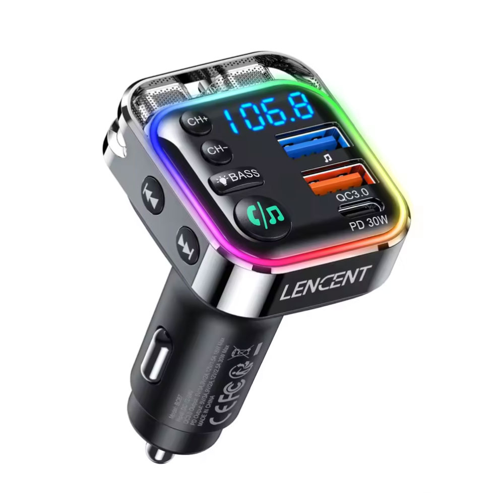 LENCENT Caricabatterie USB per auto con trasmettitore Bluetooth - Adattatore per musica Hi-Fi con caricabatterie vivavoce - Nero