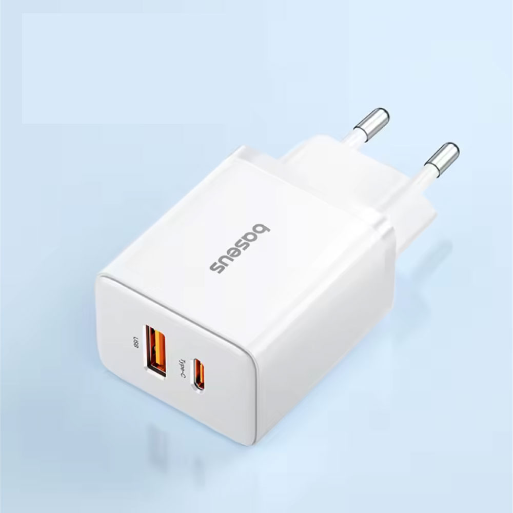 Baseus Doppel-Netzteil mit USB/USB-C-Anschluss – 20-W-PD-Netzteil – Weiß