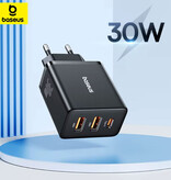 Baseus Cargador de pared USB/USB-C de 3 puertos - Adaptador de cargador PD/QC de 30 W - Negro