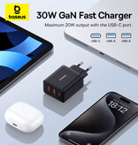 Baseus Chargeur secteur 3 ports USB/USB-C - 30 W PD/QC - Noir